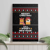 Meowy Christmas Woofy New Year Canvas Wall Art with Cat and Dog in Winter Hats and Festive Pattern Design - Wonder Print Shop