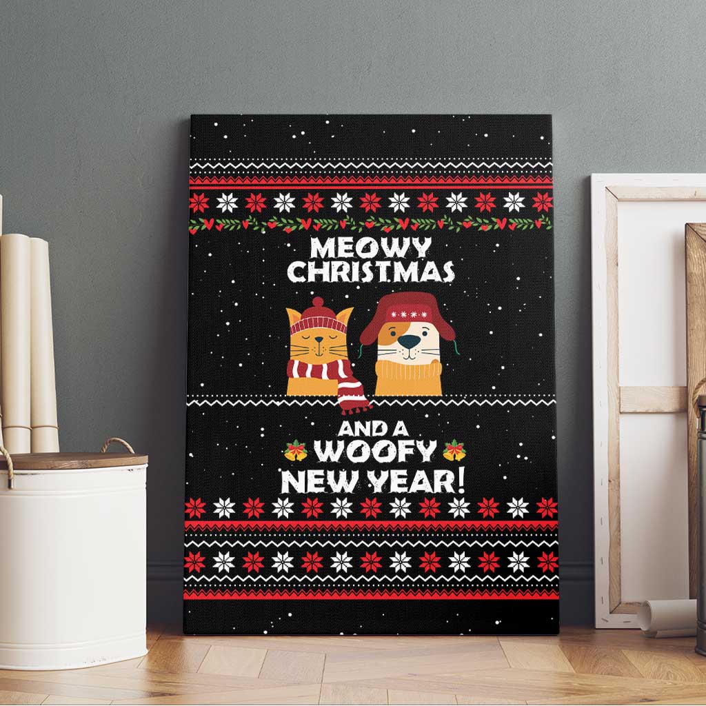 Meowy Christmas Woofy New Year Canvas Wall Art with Cat and Dog in Winter Hats and Festive Pattern Design - Wonder Print Shop