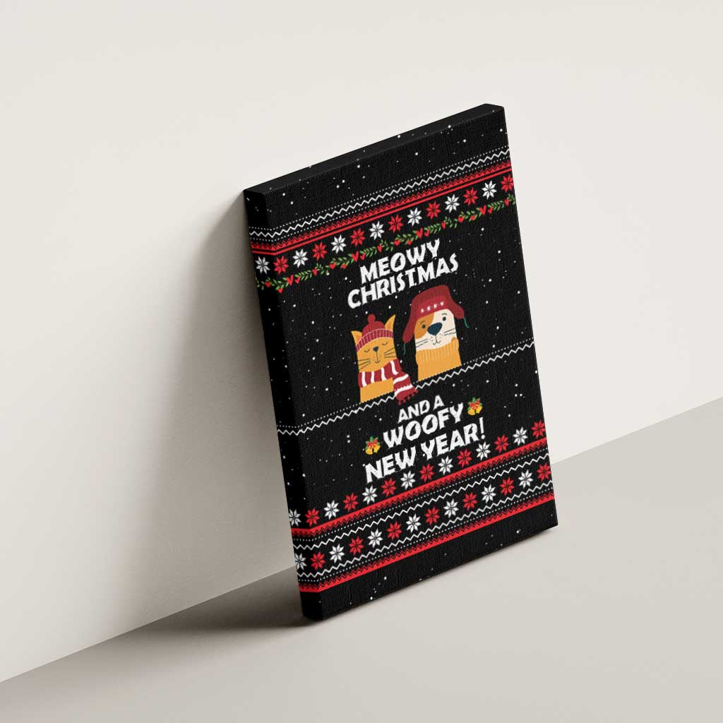 Meowy Christmas Woofy New Year Canvas Wall Art with Cat and Dog in Winter Hats and Festive Pattern Design - Wonder Print Shop