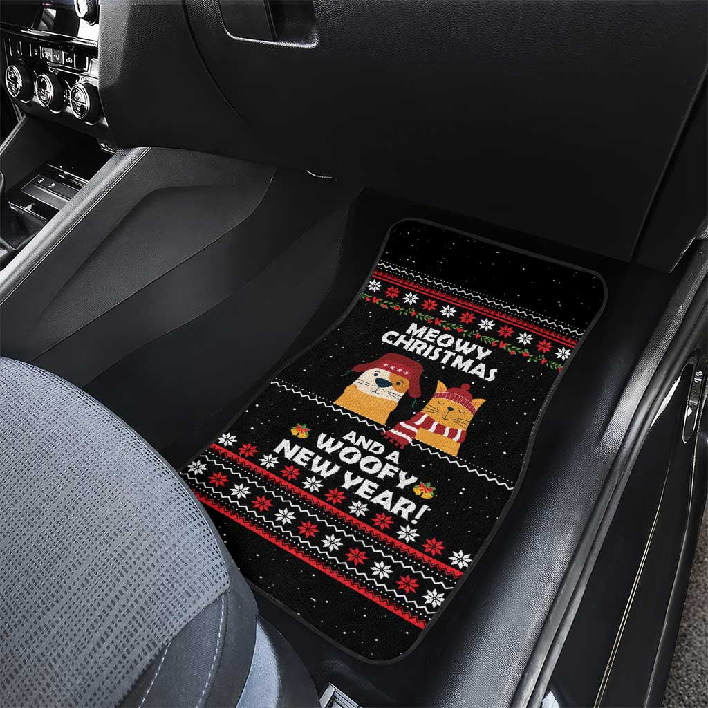 Meowy Christmas Woofy New Year Car Mats with Cat and Dog in Winter Hats and Festive Pattern Design - Wonder Print Shop