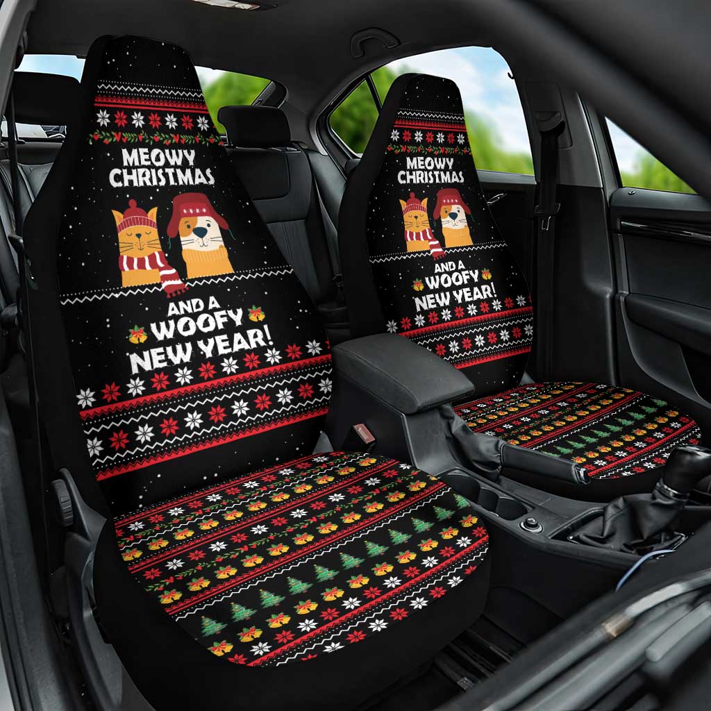 Meowy Christmas Woofy New Year Car Seat Cover with Cat and Dog in Winter Hats and Festive Pattern Design - Wonder Print Shop