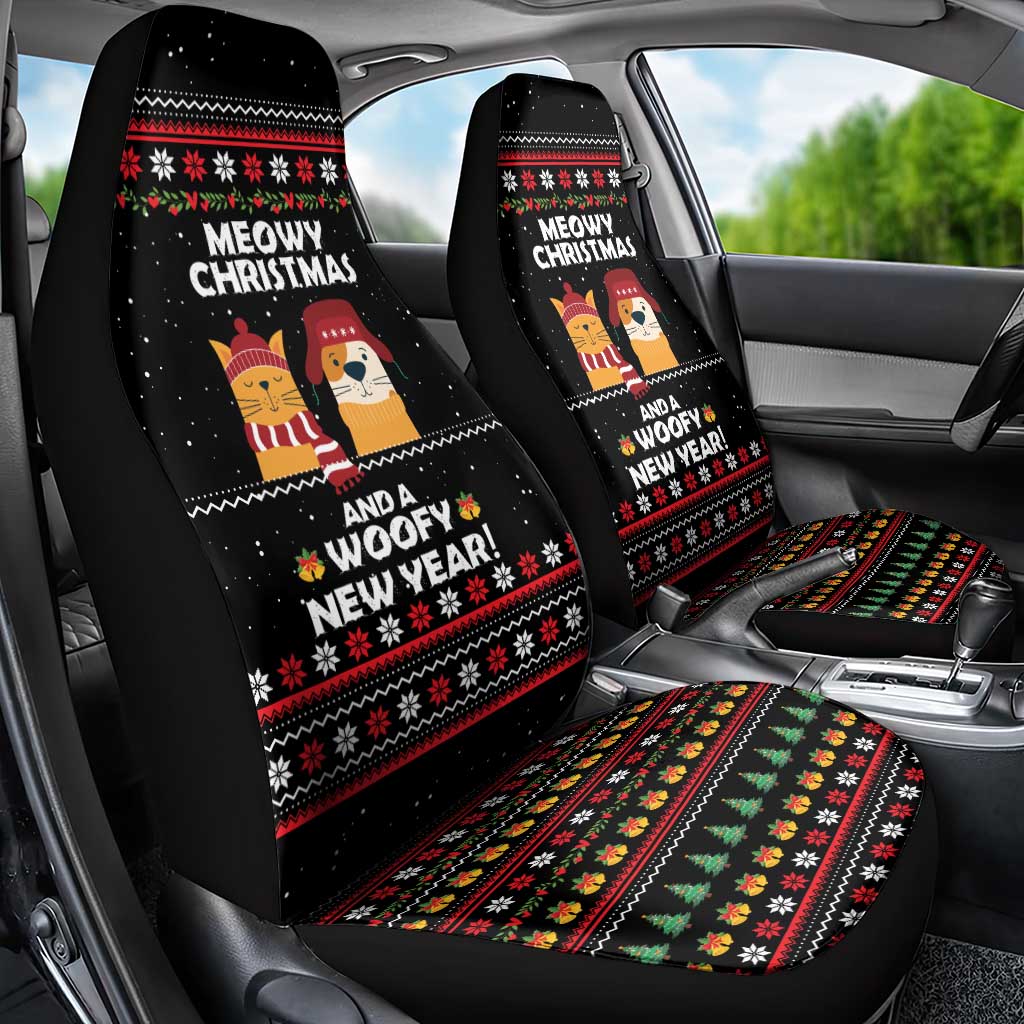Meowy Christmas Woofy New Year Car Seat Cover with Cat and Dog in Winter Hats and Festive Pattern Design - Wonder Print Shop