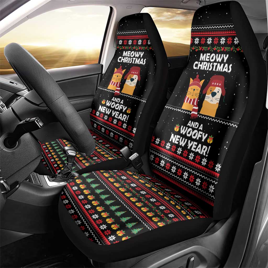 Meowy Christmas Woofy New Year Car Seat Cover with Cat and Dog in Winter Hats and Festive Pattern Design - Wonder Print Shop