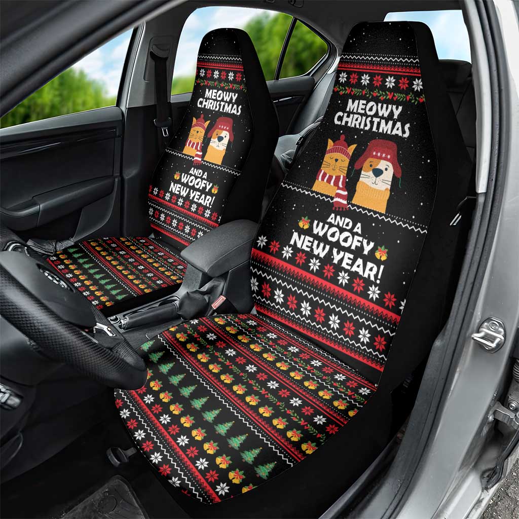 Meowy Christmas Woofy New Year Car Seat Cover with Cat and Dog in Winter Hats and Festive Pattern Design - Wonder Print Shop