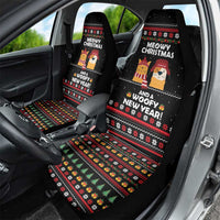Meowy Christmas Woofy New Year Car Seat Cover with Cat and Dog in Winter Hats and Festive Pattern Design - Wonder Print Shop