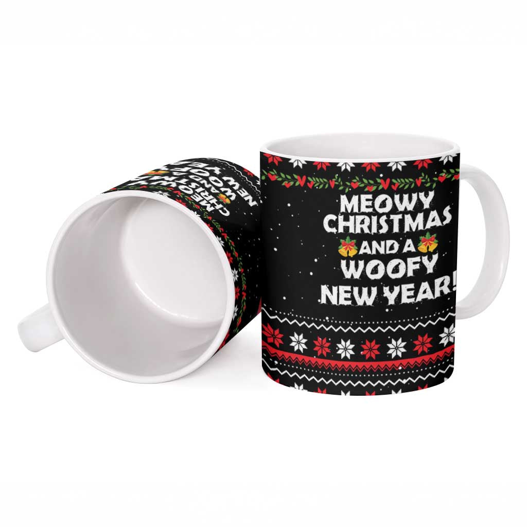 Meowy Christmas Woofy New Year Ceramic Mug with Cat and Dog in Winter Hats and Festive Pattern Design - Wonder Print Shop