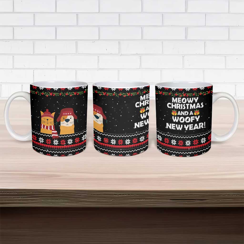 Meowy Christmas Woofy New Year Ceramic Mug with Cat and Dog in Winter Hats and Festive Pattern Design - Wonder Print Shop