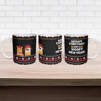Meowy Christmas Woofy New Year Ceramic Mug with Cat and Dog in Winter Hats and Festive Pattern Design - Wonder Print Shop