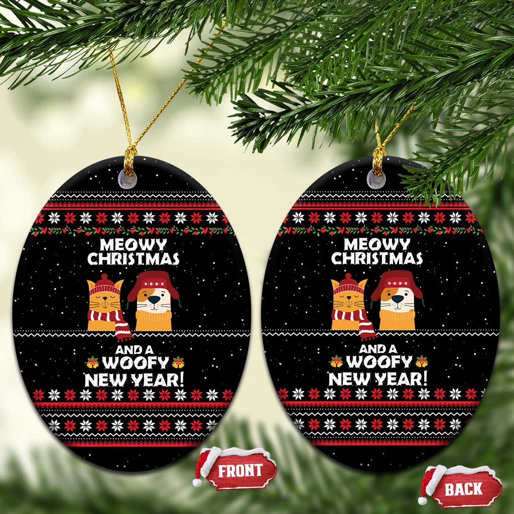 Meowy Christmas Woofy New Year Ceramic Ornament with Cat and Dog in Winter Hats and Festive Pattern Design - Wonder Print Shop