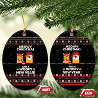 Meowy Christmas Woofy New Year Ceramic Ornament with Cat and Dog in Winter Hats and Festive Pattern Design - Wonder Print Shop