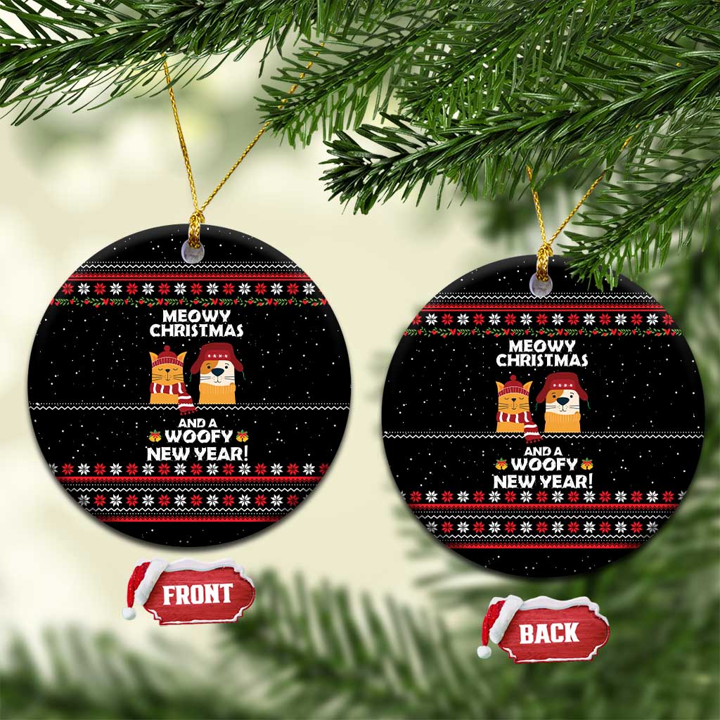 Meowy Christmas Woofy New Year Ceramic Ornament with Cat and Dog in Winter Hats and Festive Pattern Design - Wonder Print Shop