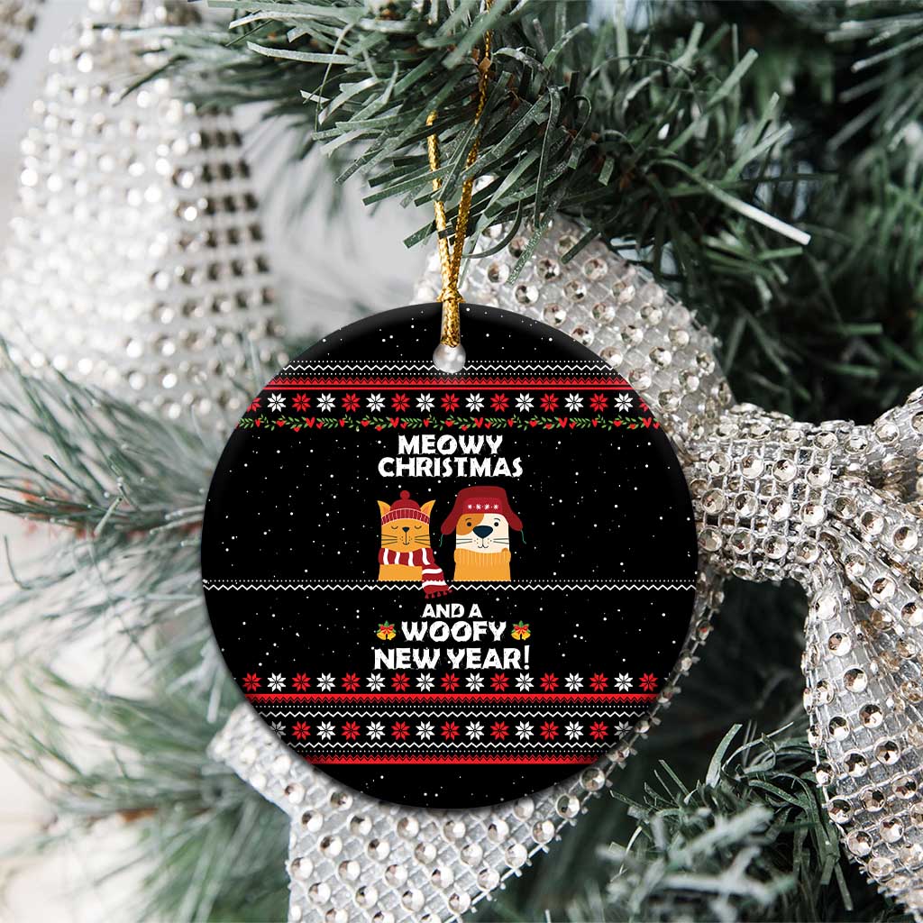 Meowy Christmas Woofy New Year Ceramic Ornament with Cat and Dog in Winter Hats and Festive Pattern Design - Wonder Print Shop