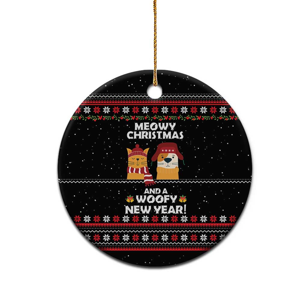 Meowy Christmas Woofy New Year Ceramic Ornament with Cat and Dog in Winter Hats and Festive Pattern Design - Wonder Print Shop