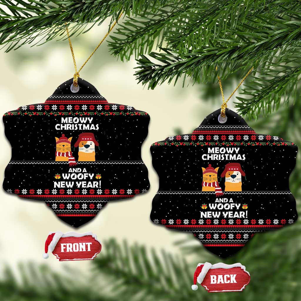 Meowy Christmas Woofy New Year Ceramic Ornament with Cat and Dog in Winter Hats and Festive Pattern Design - Wonder Print Shop