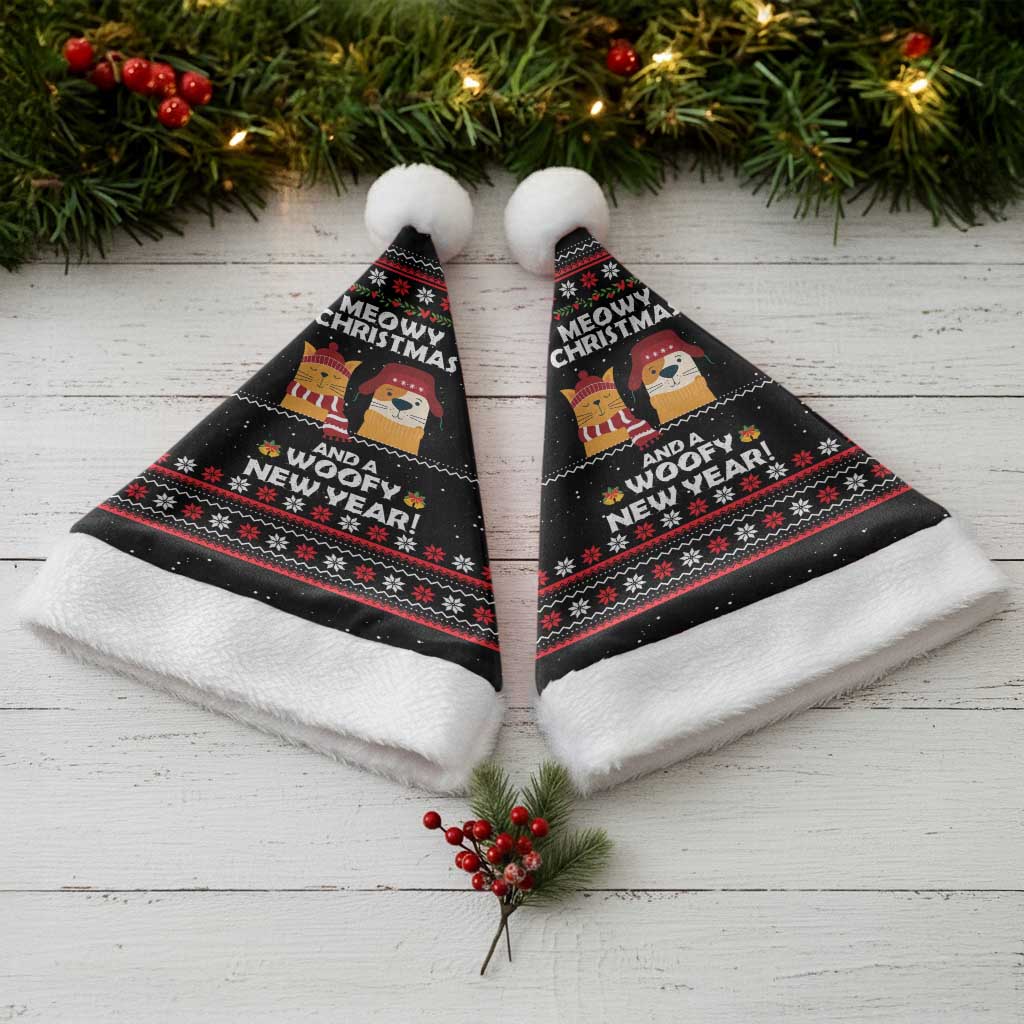 Meowy Christmas Woofy New Year Christmas Santa Hat with Cat and Dog in Winter Hats and Festive Pattern Design - Wonder Print Shop
