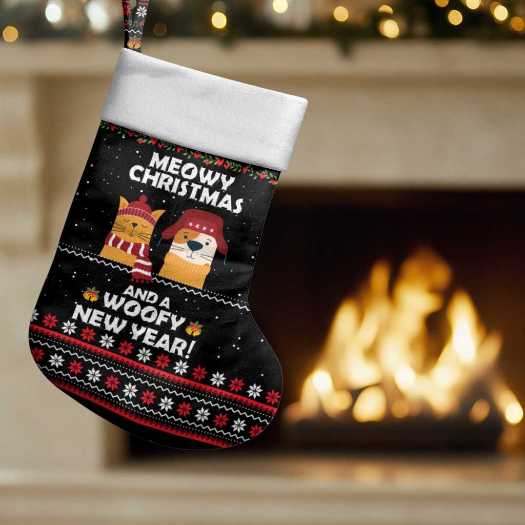 Meowy Christmas Woofy New Year Christmas Stocking with Cat and Dog in Winter Hats and Festive Pattern Design - Wonder Print Shop