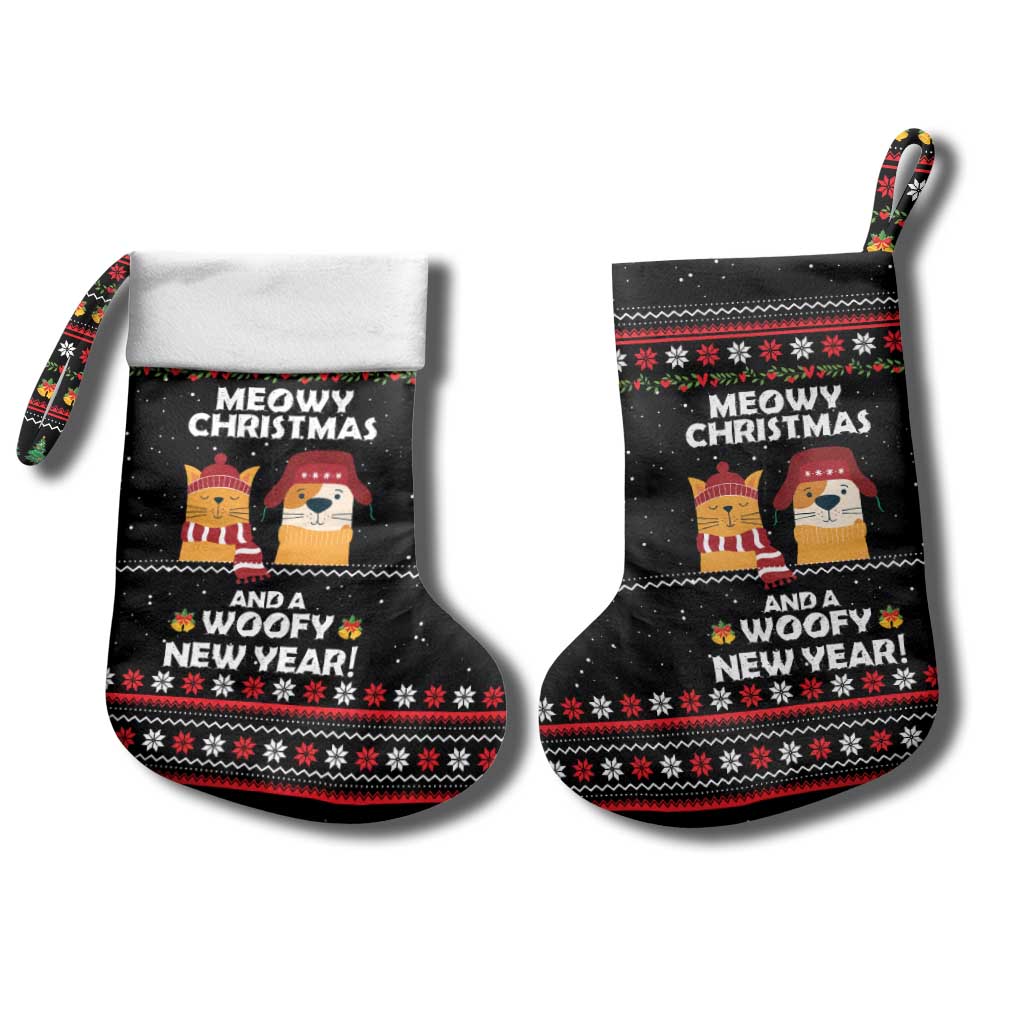Meowy Christmas Woofy New Year Christmas Stocking with Cat and Dog in Winter Hats and Festive Pattern Design - Wonder Print Shop