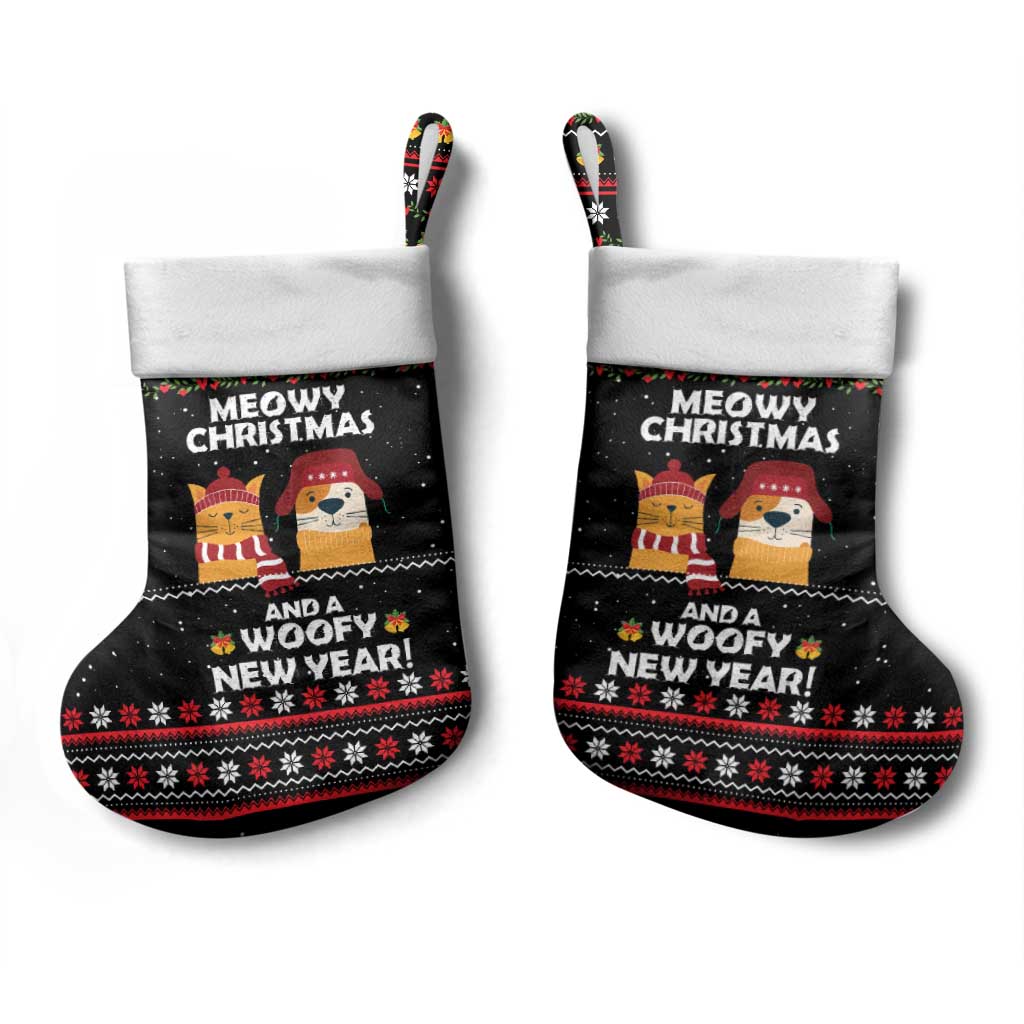 Meowy Christmas Woofy New Year Christmas Stocking with Cat and Dog in Winter Hats and Festive Pattern Design - Wonder Print Shop
