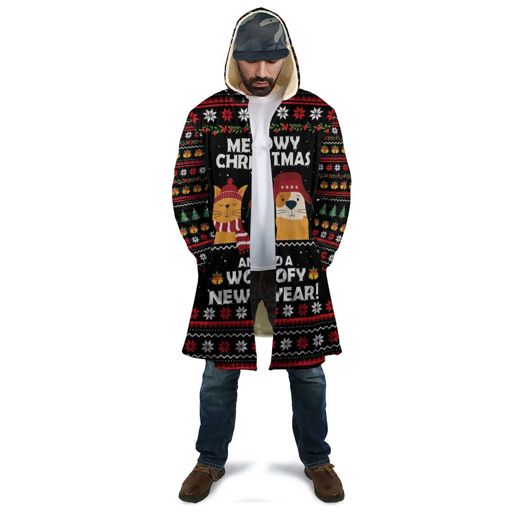 Meowy Christmas Woofy New Year Cloak with Cat and Dog in Winter Hats and Festive Pattern Design - Wonder Print Shop