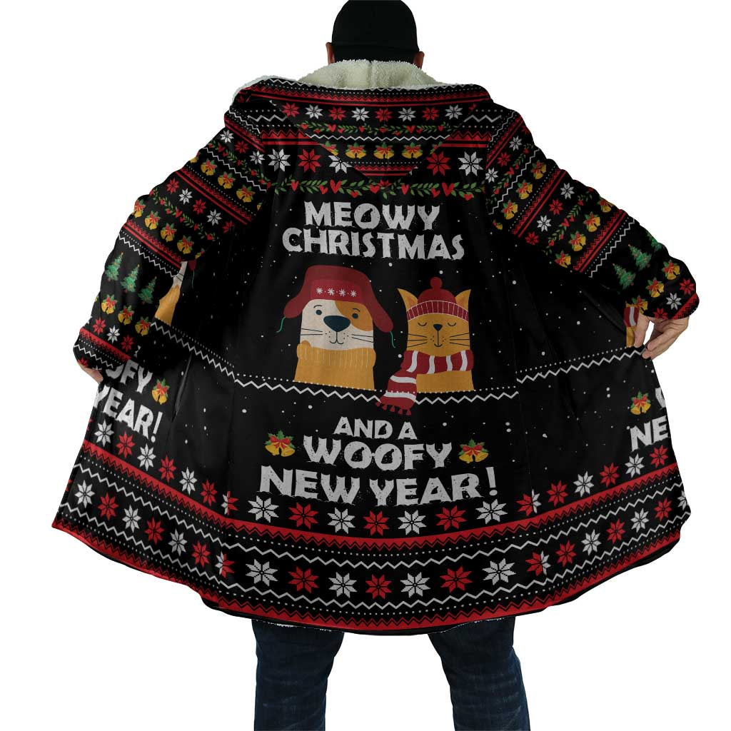 Meowy Christmas Woofy New Year Cloak with Cat and Dog in Winter Hats and Festive Pattern Design - Wonder Print Shop