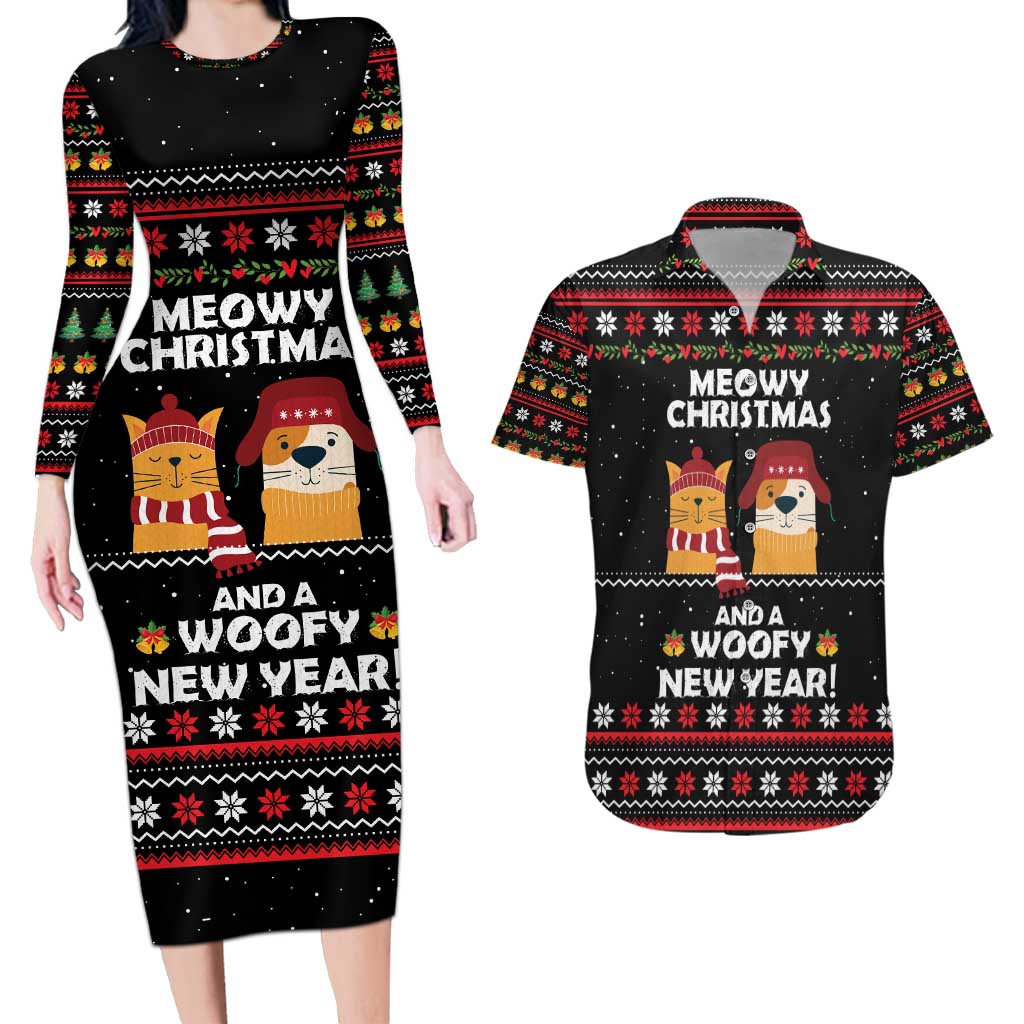 Meowy Christmas Woofy New Year Couples Matching Long Sleeve Bodycon Dress and Hawaiian Shirt with Cat and Dog in Winter Hats and Festive Pattern Design - Wonder Print Shop
