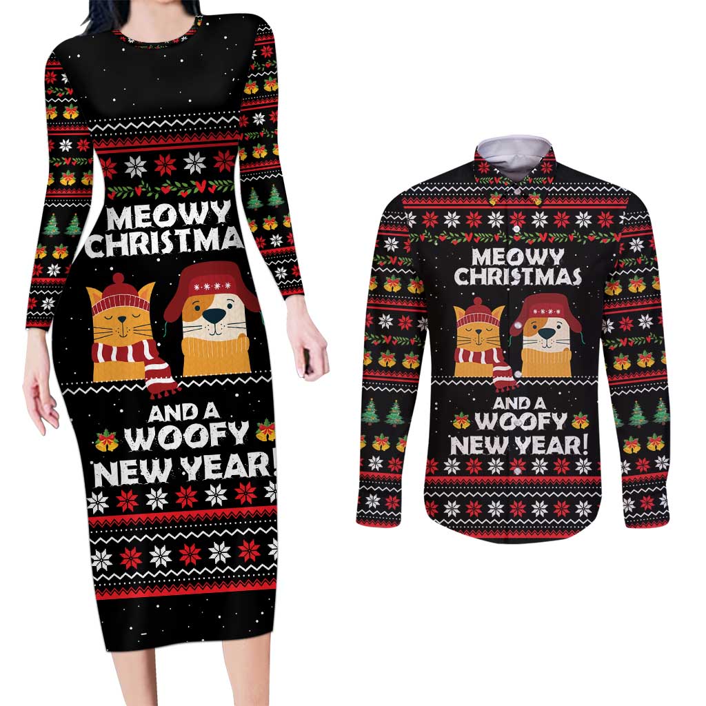 Meowy Christmas Woofy New Year Couples Matching Long Sleeve Bodycon Dress and Long Sleeve Button Shirt with Cat and Dog in Winter Hats and Festive Pattern Design - Wonder Print Shop