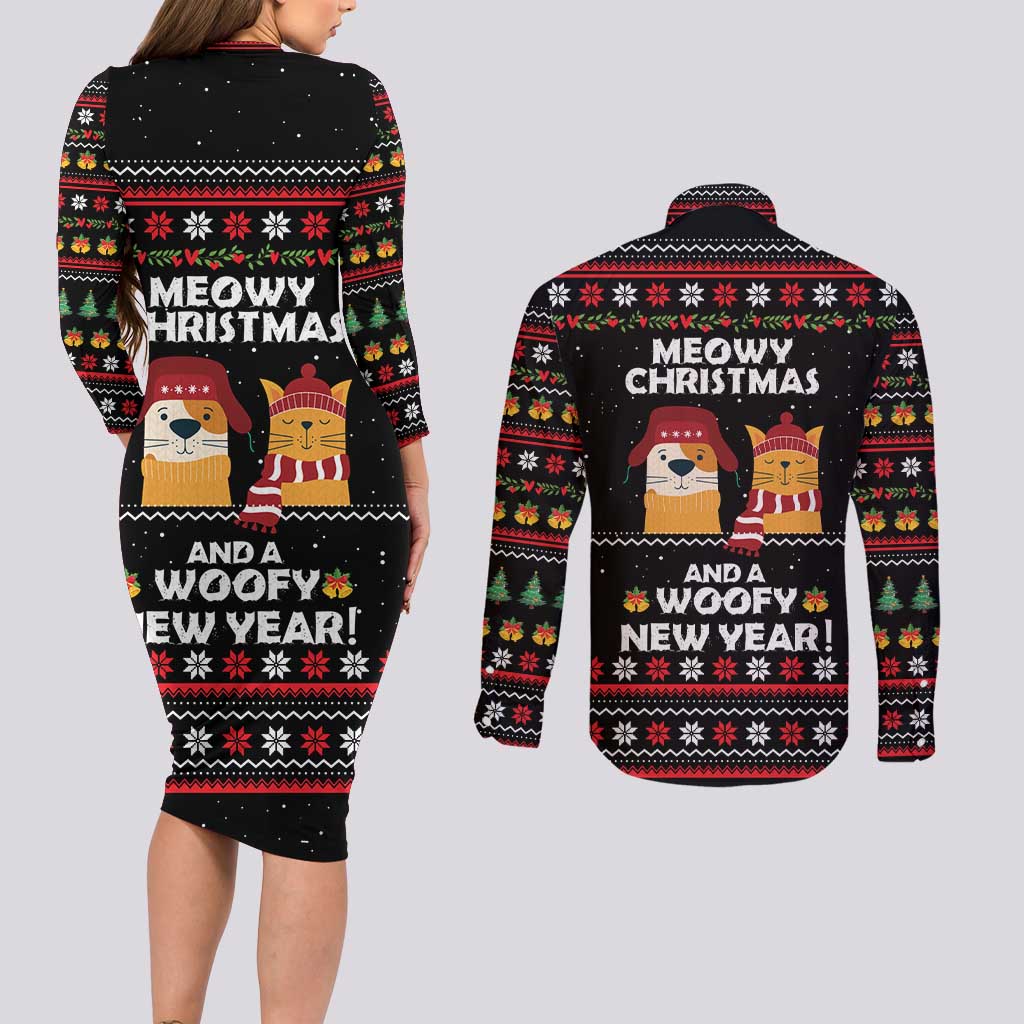 Meowy Christmas Woofy New Year Couples Matching Long Sleeve Bodycon Dress and Long Sleeve Button Shirt with Cat and Dog in Winter Hats and Festive Pattern Design - Wonder Print Shop