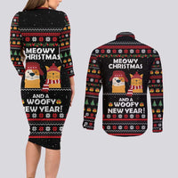 Meowy Christmas Woofy New Year Couples Matching Long Sleeve Bodycon Dress and Long Sleeve Button Shirt with Cat and Dog in Winter Hats and Festive Pattern Design - Wonder Print Shop