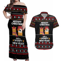 Meowy Christmas Woofy New Year Couples Matching Off Shoulder Maxi Dress and Hawaiian Shirt with Cat and Dog in Winter Hats and Festive Pattern Design - Wonder Print Shop