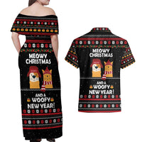 Meowy Christmas Woofy New Year Couples Matching Off Shoulder Maxi Dress and Hawaiian Shirt with Cat and Dog in Winter Hats and Festive Pattern Design - Wonder Print Shop