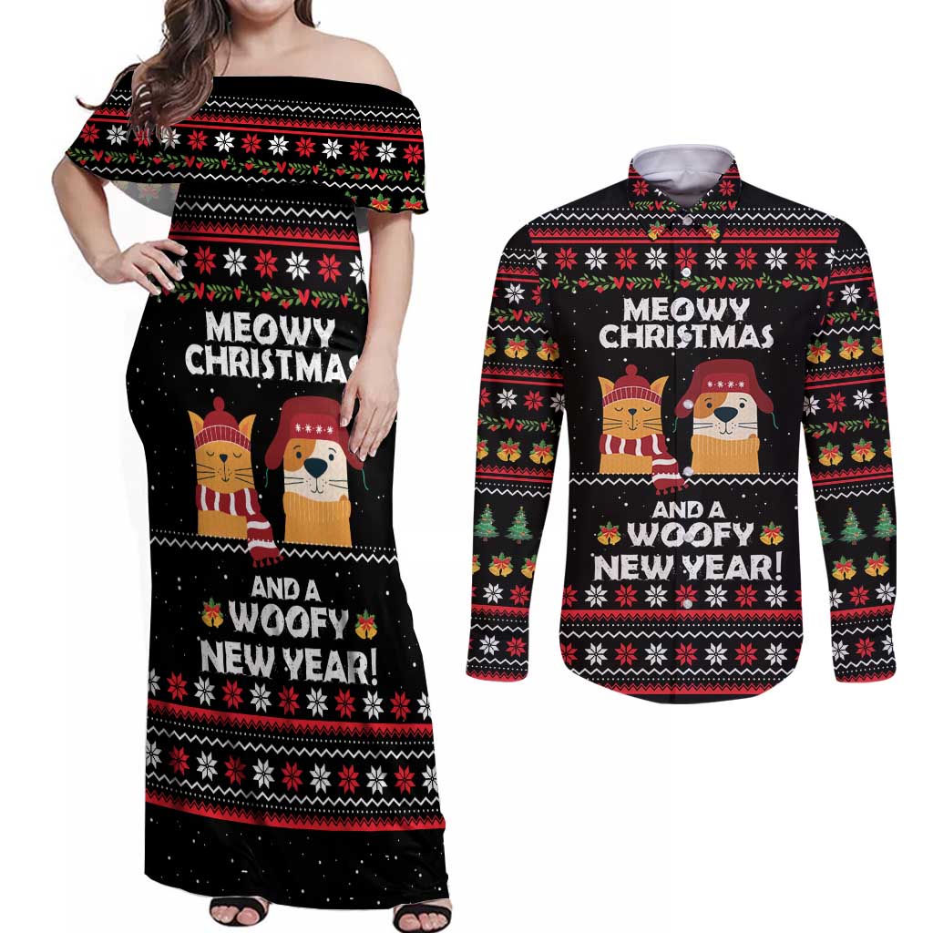 Meowy Christmas Woofy New Year Couples Matching Off Shoulder Maxi Dress and Long Sleeve Button Shirt with Cat and Dog in Winter Hats and Festive Pattern Design - Wonder Print Shop