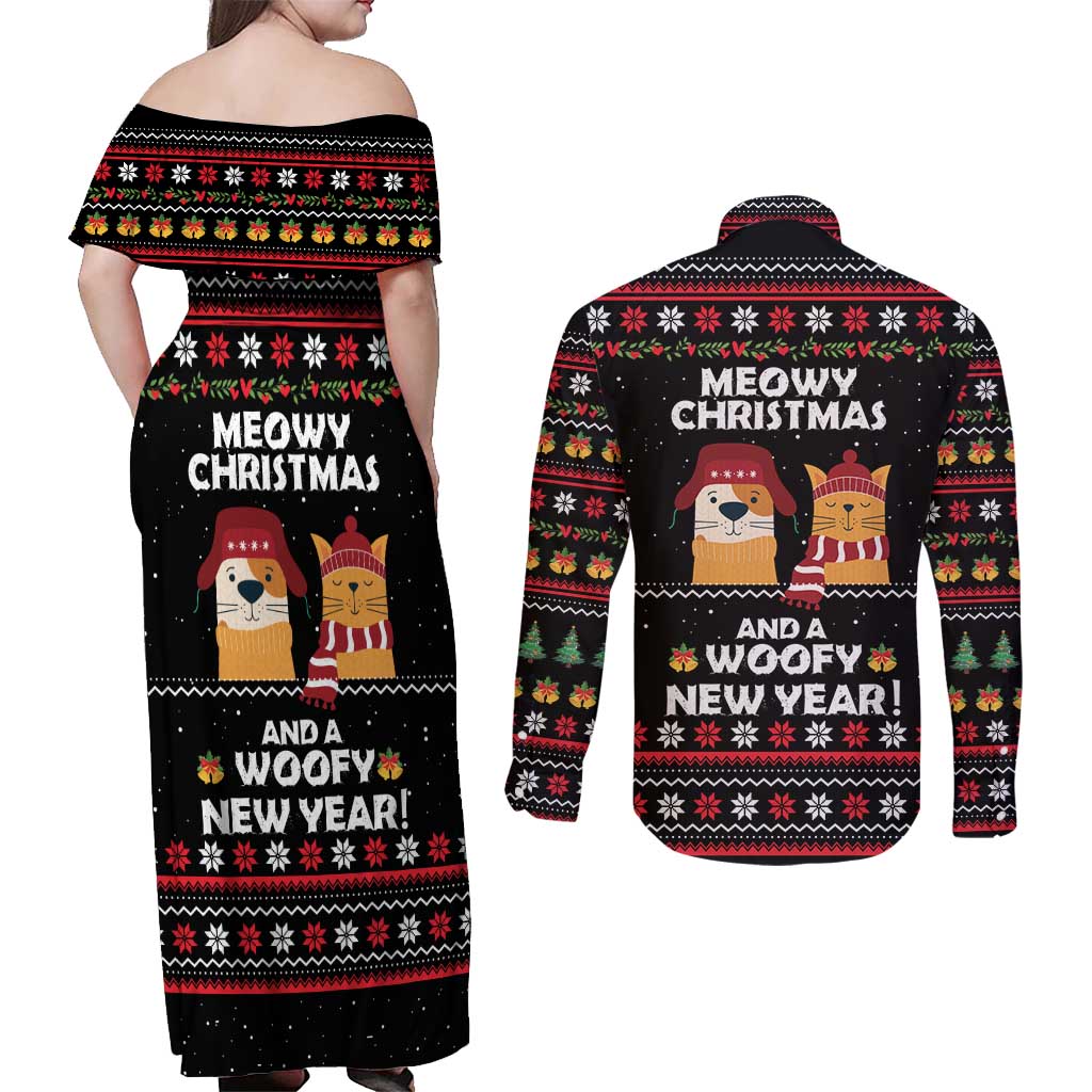 Meowy Christmas Woofy New Year Couples Matching Off Shoulder Maxi Dress and Long Sleeve Button Shirt with Cat and Dog in Winter Hats and Festive Pattern Design - Wonder Print Shop