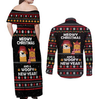 Meowy Christmas Woofy New Year Couples Matching Off Shoulder Maxi Dress and Long Sleeve Button Shirt with Cat and Dog in Winter Hats and Festive Pattern Design - Wonder Print Shop
