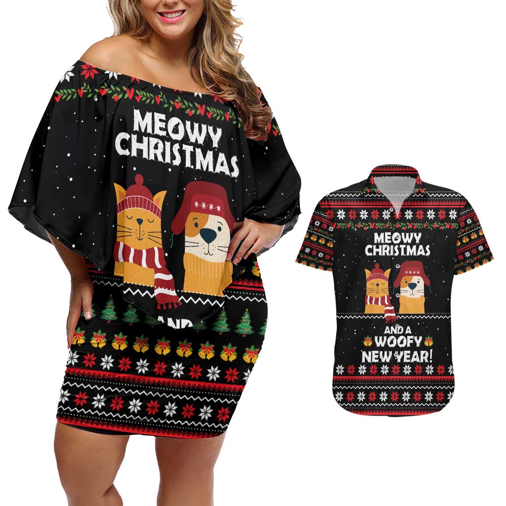 Meowy Christmas Woofy New Year Couples Matching Off Shoulder Short Dress and Hawaiian Shirt with Cat and Dog in Winter Hats and Festive Pattern Design - Wonder Print Shop