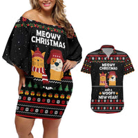 Meowy Christmas Woofy New Year Couples Matching Off Shoulder Short Dress and Hawaiian Shirt with Cat and Dog in Winter Hats and Festive Pattern Design - Wonder Print Shop