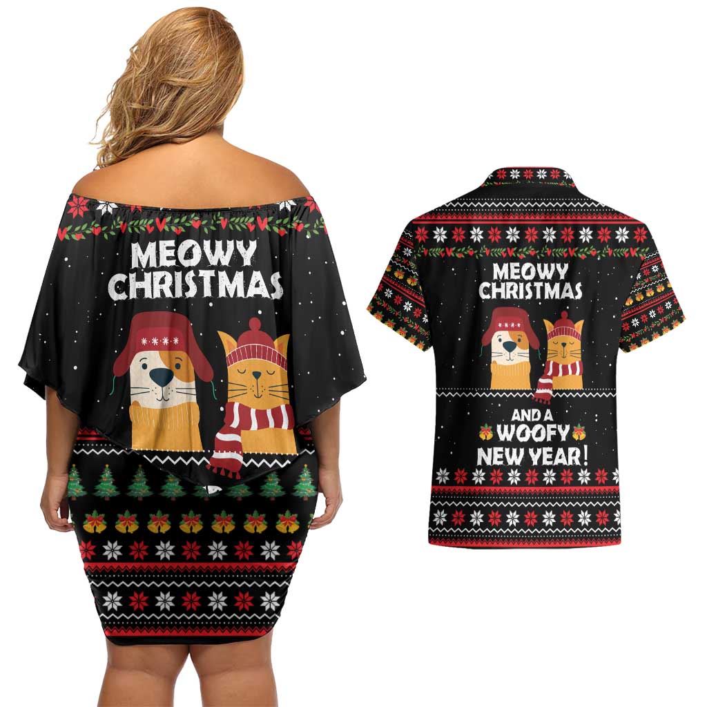 Meowy Christmas Woofy New Year Couples Matching Off Shoulder Short Dress and Hawaiian Shirt with Cat and Dog in Winter Hats and Festive Pattern Design - Wonder Print Shop