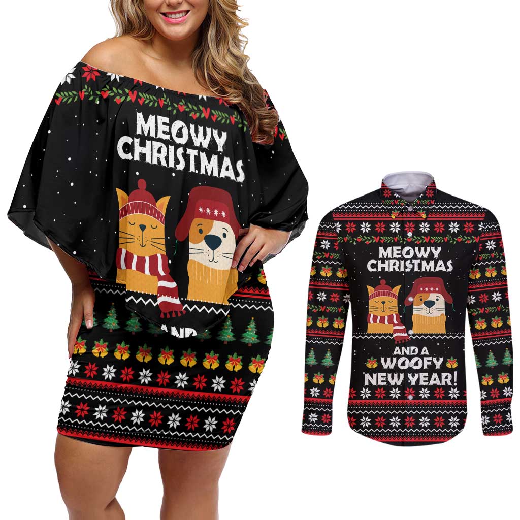 Meowy Christmas Woofy New Year Couples Matching Off Shoulder Short Dress and Long Sleeve Button Shirt with Cat and Dog in Winter Hats and Festive Pattern Design - Wonder Print Shop