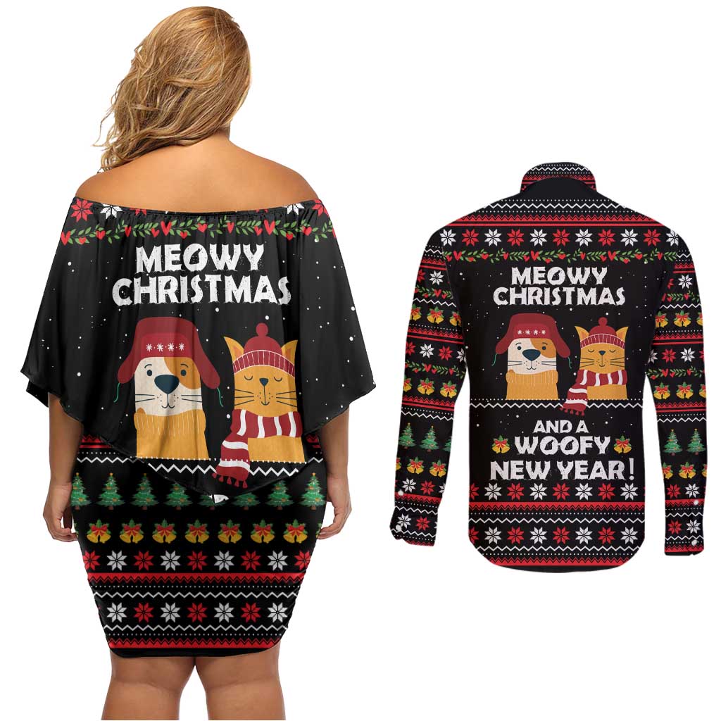Meowy Christmas Woofy New Year Couples Matching Off Shoulder Short Dress and Long Sleeve Button Shirt with Cat and Dog in Winter Hats and Festive Pattern Design - Wonder Print Shop