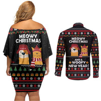 Meowy Christmas Woofy New Year Couples Matching Off Shoulder Short Dress and Long Sleeve Button Shirt with Cat and Dog in Winter Hats and Festive Pattern Design - Wonder Print Shop