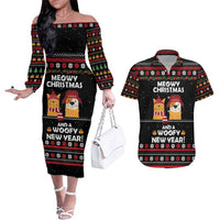 Meowy Christmas Woofy New Year Couples Matching Off The Shoulder Long Sleeve Dress and Hawaiian Shirt with Cat and Dog in Winter Hats and Festive Pattern Design - Wonder Print Shop