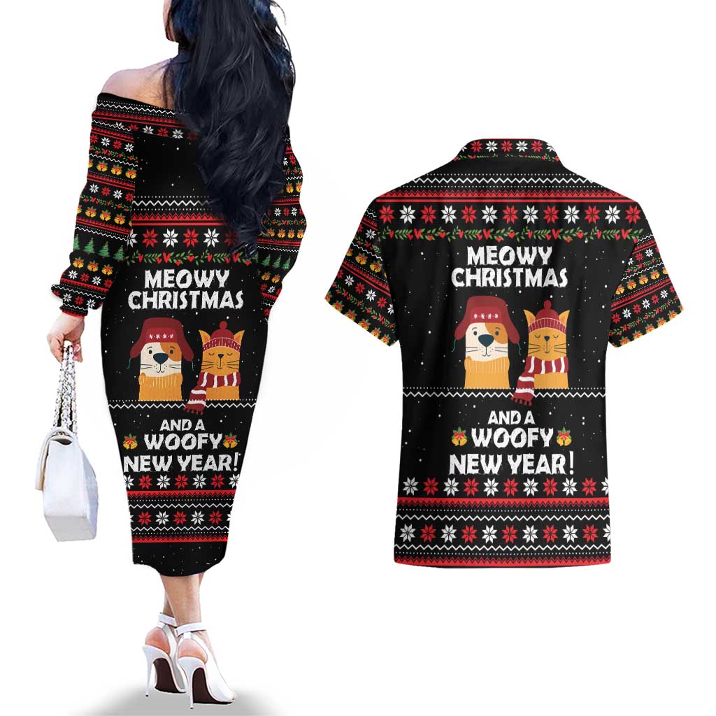 Meowy Christmas Woofy New Year Couples Matching Off The Shoulder Long Sleeve Dress and Hawaiian Shirt with Cat and Dog in Winter Hats and Festive Pattern Design - Wonder Print Shop