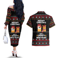 Meowy Christmas Woofy New Year Couples Matching Off The Shoulder Long Sleeve Dress and Hawaiian Shirt with Cat and Dog in Winter Hats and Festive Pattern Design - Wonder Print Shop
