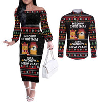 Meowy Christmas Woofy New Year Couples Matching Off The Shoulder Long Sleeve Dress and Long Sleeve Button Shirt with Cat and Dog in Winter Hats and Festive Pattern Design - Wonder Print Shop