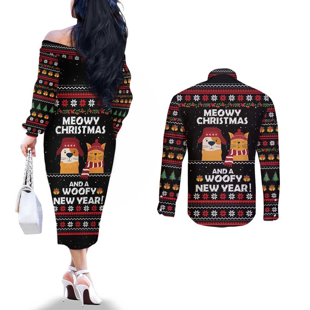 Meowy Christmas Woofy New Year Couples Matching Off The Shoulder Long Sleeve Dress and Long Sleeve Button Shirt with Cat and Dog in Winter Hats and Festive Pattern Design - Wonder Print Shop