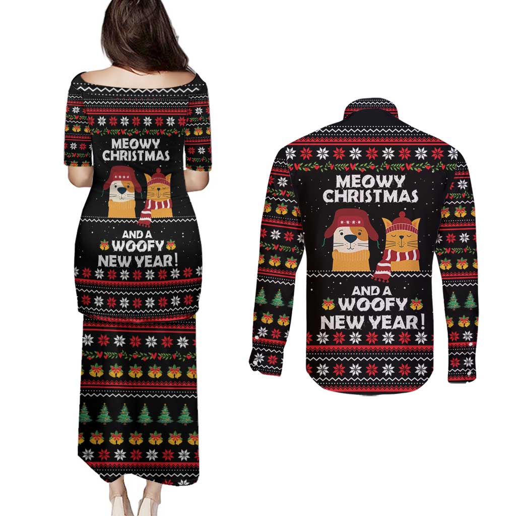 Meowy Christmas Woofy New Year Couples Matching Puletasi and Long Sleeve Button Shirt with Cat and Dog in Winter Hats and Festive Pattern Design - Wonder Print Shop