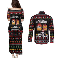 Meowy Christmas Woofy New Year Couples Matching Puletasi and Long Sleeve Button Shirt with Cat and Dog in Winter Hats and Festive Pattern Design - Wonder Print Shop