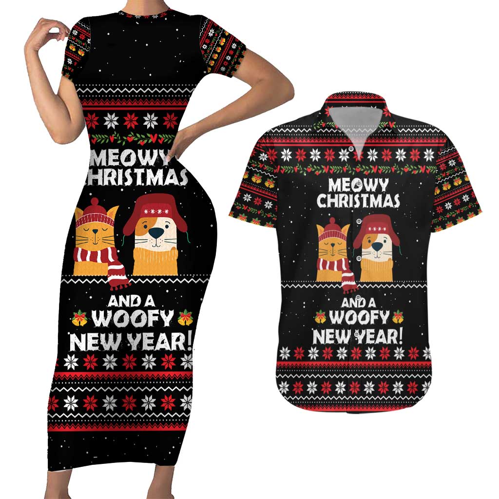 Meowy Christmas Woofy New Year Couples Matching Short Sleeve Bodycon Dress and Hawaiian Shirt with Cat and Dog in Winter Hats and Festive Pattern Design - Wonder Print Shop