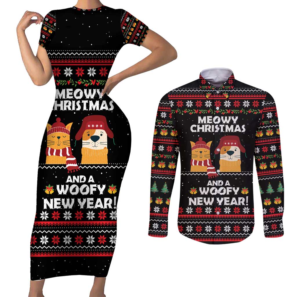 Meowy Christmas Woofy New Year Couples Matching Short Sleeve Bodycon Dress and Long Sleeve Button Shirt with Cat and Dog in Winter Hats and Festive Pattern Design - Wonder Print Shop