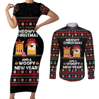 Meowy Christmas Woofy New Year Couples Matching Short Sleeve Bodycon Dress and Long Sleeve Button Shirt with Cat and Dog in Winter Hats and Festive Pattern Design - Wonder Print Shop