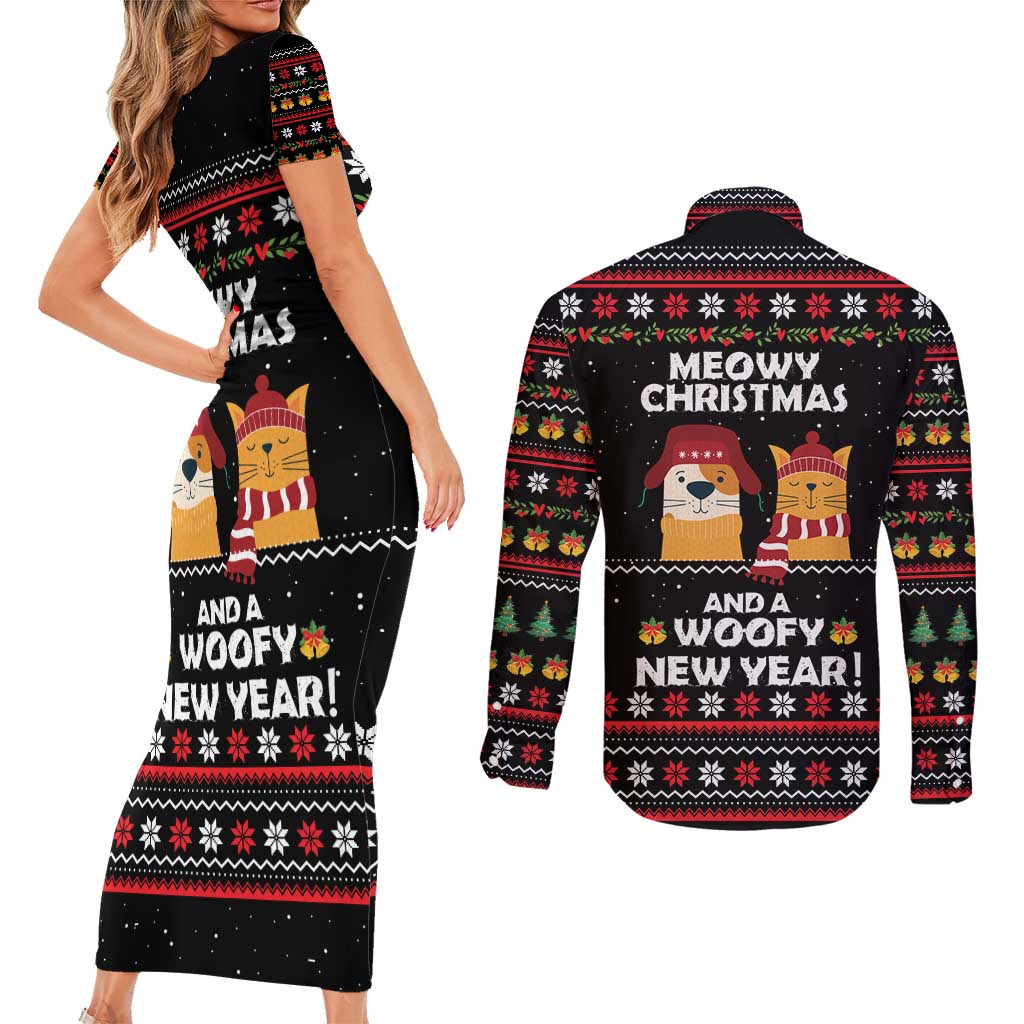 Meowy Christmas Woofy New Year Couples Matching Short Sleeve Bodycon Dress and Long Sleeve Button Shirt with Cat and Dog in Winter Hats and Festive Pattern Design - Wonder Print Shop